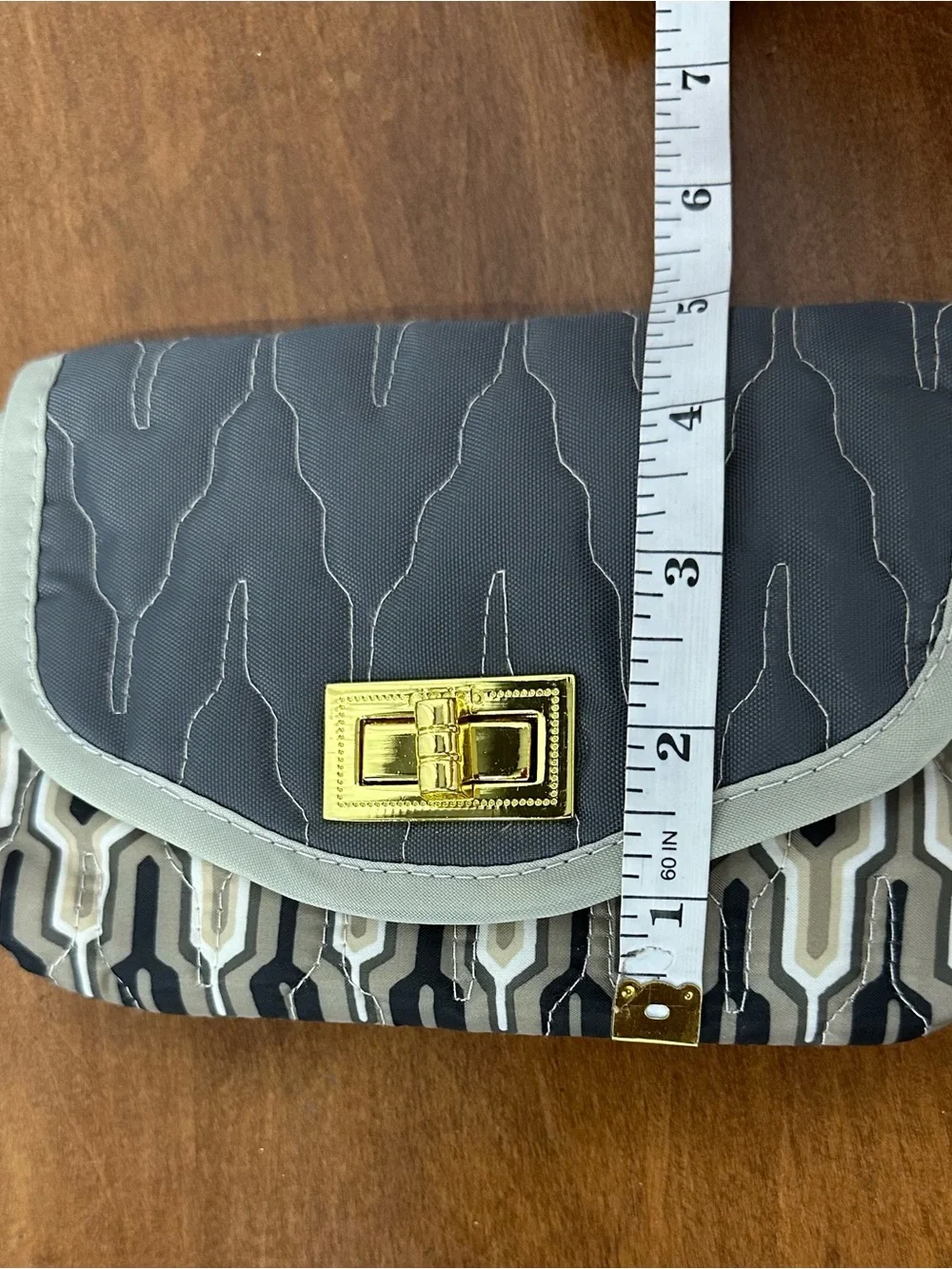 Cinda B Gray and Cream Geometric Wristlet Clutch with Keychain and card holder